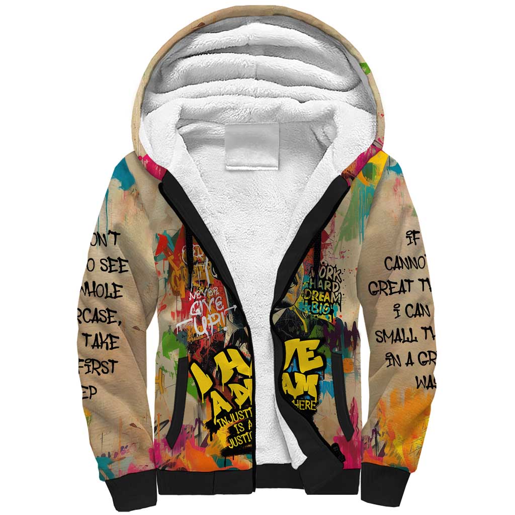 Martin Luther King Graffiti Style Graphic Sherpa Hoodie with Colorful Spray Paint Quotes and Crown Detail - Wonder Print Shop