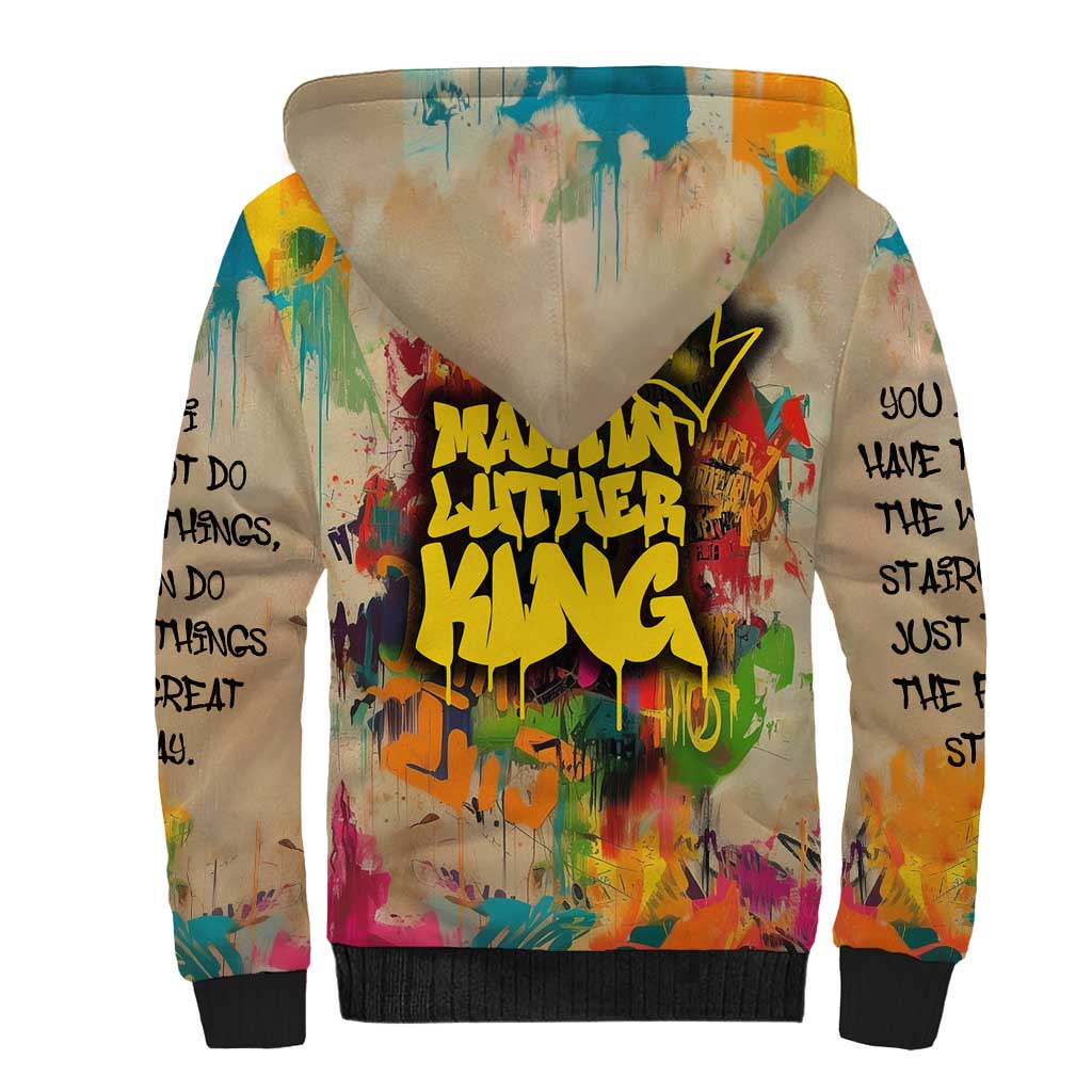 Martin Luther King Graffiti Style Graphic Sherpa Hoodie with Colorful Spray Paint Quotes and Crown Detail - Wonder Print Shop