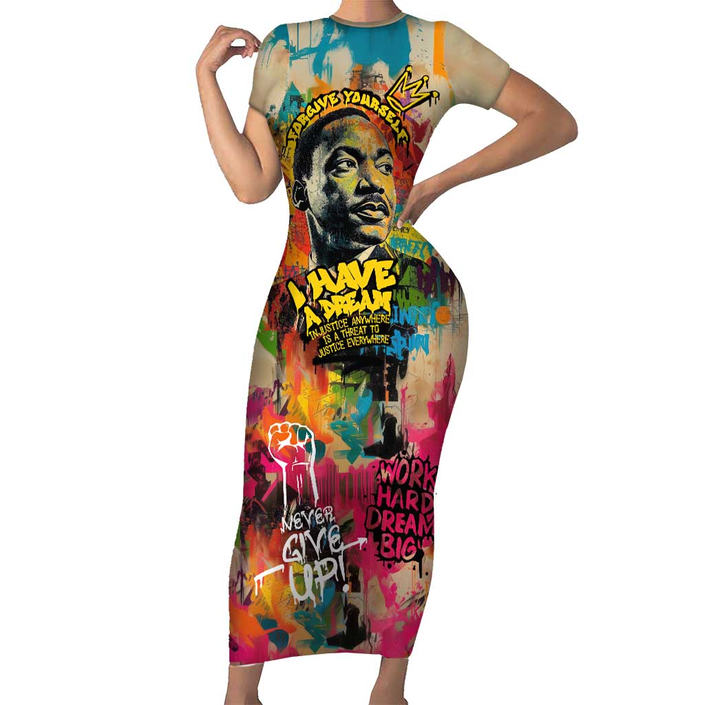 Martin Luther King Graffiti Style Graphic Short Sleeve Bodycon Dress with Colorful Spray Paint Quotes and Crown Detail - Wonder Print Shop