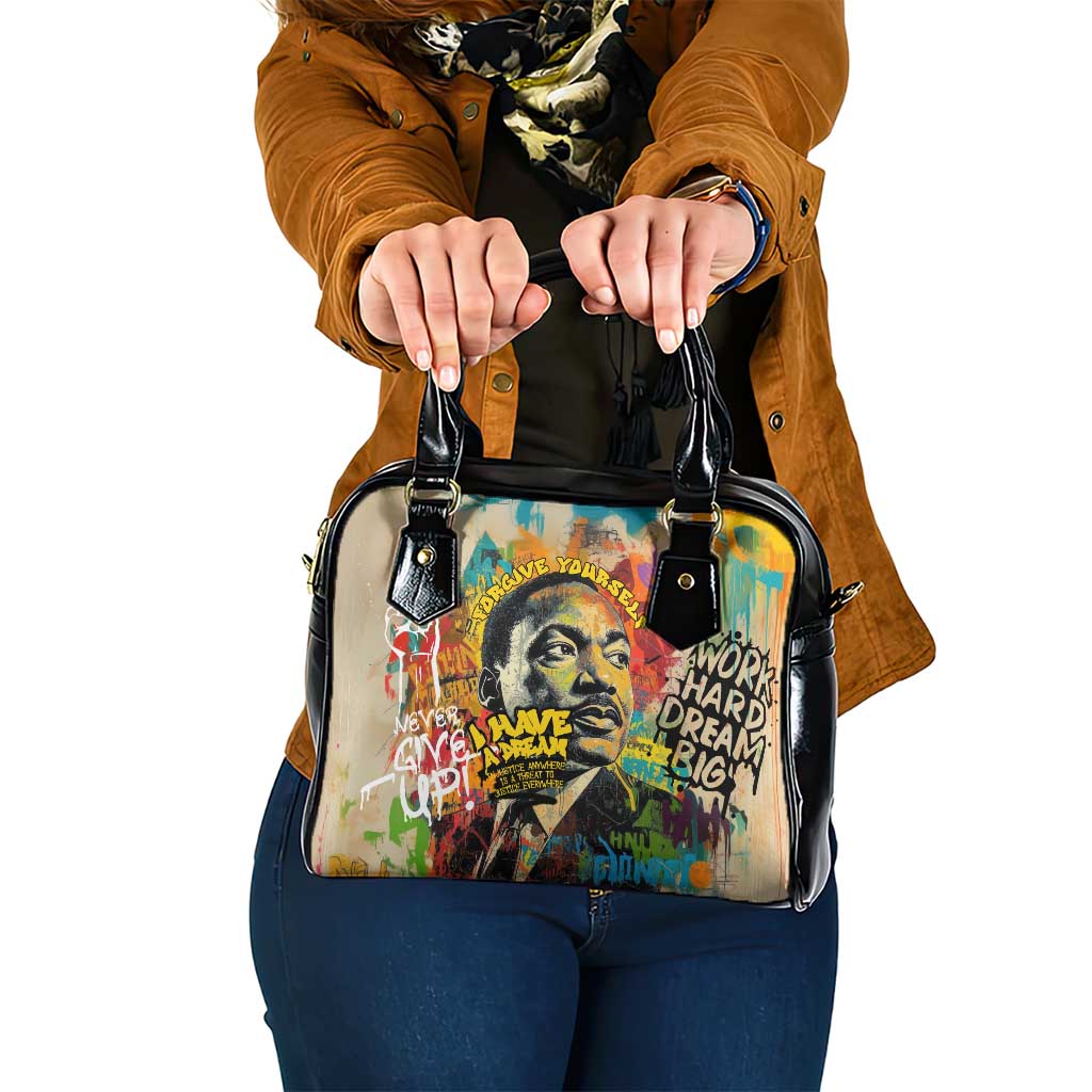 Martin Luther King Graffiti Style Graphic Shoulder Handbag with Colorful Spray Paint Quotes and Crown Detail - Wonder Print Shop