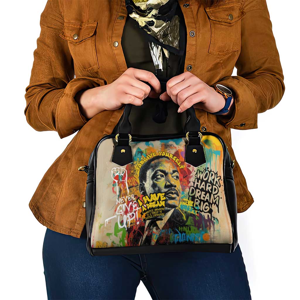 Martin Luther King Graffiti Style Graphic Shoulder Handbag with Colorful Spray Paint Quotes and Crown Detail - Wonder Print Shop