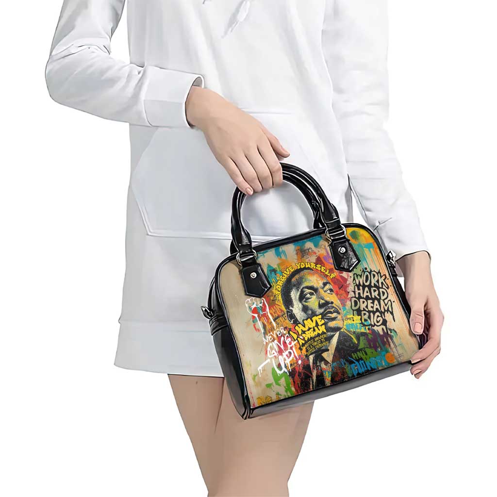 Martin Luther King Graffiti Style Graphic Shoulder Handbag with Colorful Spray Paint Quotes and Crown Detail - Wonder Print Shop