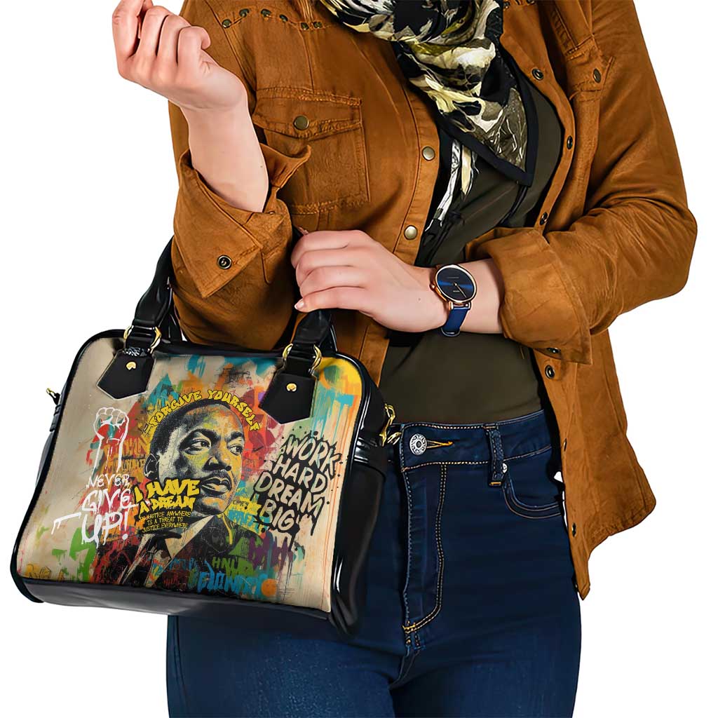 Martin Luther King Graffiti Style Graphic Shoulder Handbag with Colorful Spray Paint Quotes and Crown Detail - Wonder Print Shop