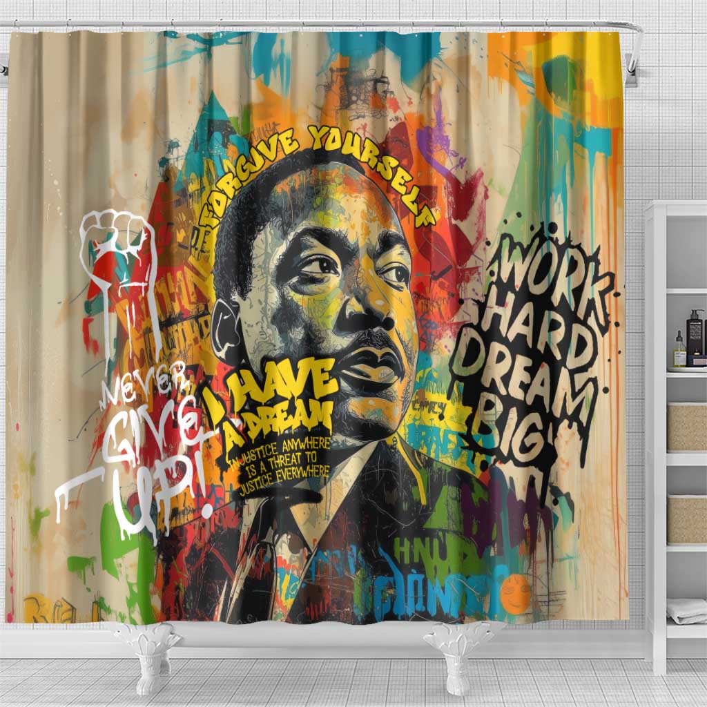 Martin Luther King Graffiti Style Graphic Shower Curtain with Colorful Spray Paint Quotes and Crown Detail - Wonder Print Shop