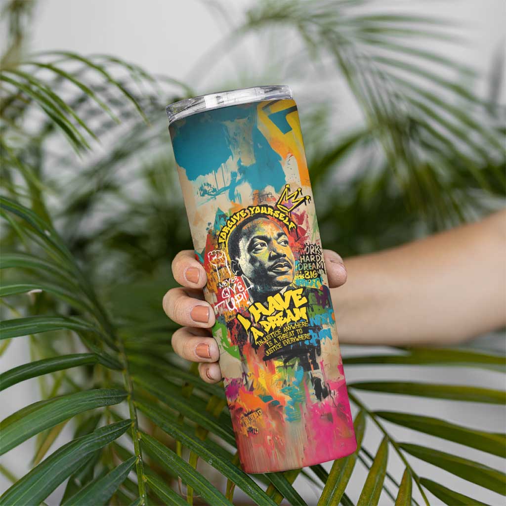 Martin Luther King Graffiti Style Graphic Skinny Tumbler with Colorful Spray Paint Quotes and Crown Detail - Wonder Print Shop
