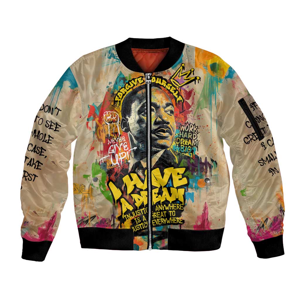 Martin Luther King Graffiti Style Graphic Sleeve Zip Bomber Jacket with Colorful Spray Paint Quotes and Crown Detail - Wonder Print Shop