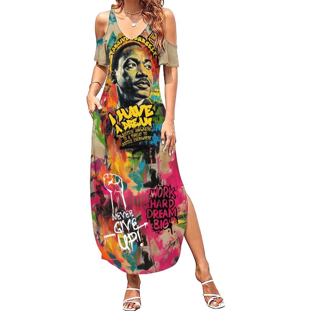 Martin Luther King Graffiti Style Graphic Summer Maxi Dress with Colorful Spray Paint Quotes and Crown Detail - Wonder Print Shop