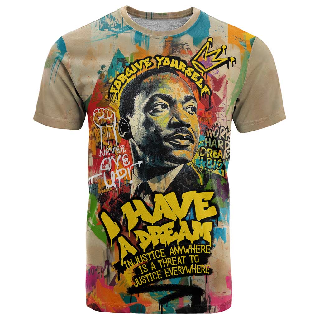 Martin Luther King Graffiti Style Graphic T Shirt with Colorful Spray Paint Quotes and Crown Detail - Wonder Print Shop