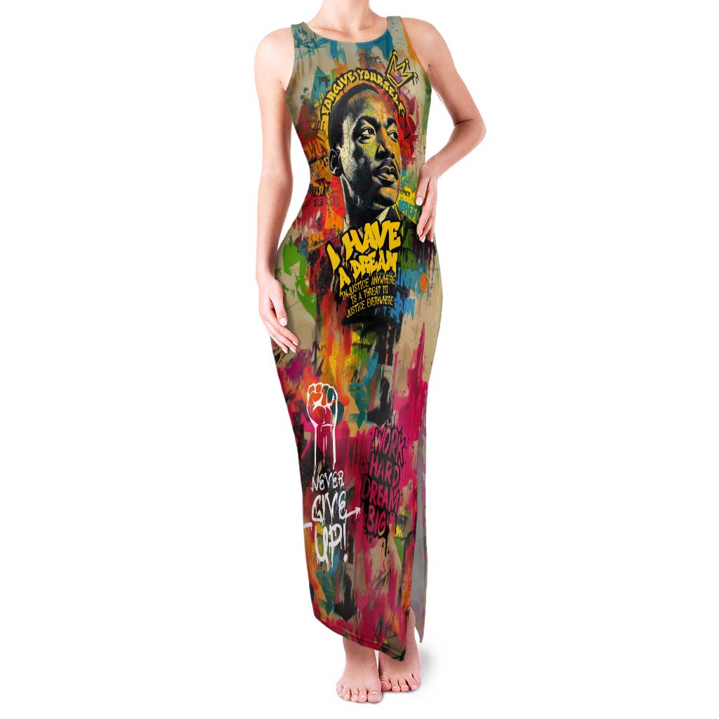Martin Luther King Graffiti Style Graphic Tank Maxi Dress with Colorful Spray Paint Quotes and Crown Detail - Wonder Print Shop