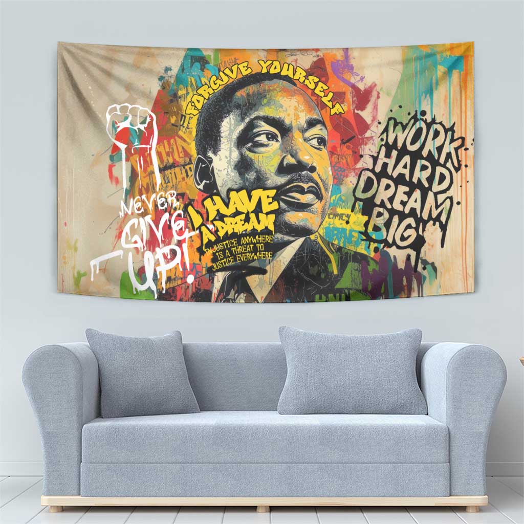 Martin Luther King Graffiti Style Graphic Tapestry with Colorful Spray Paint Quotes and Crown Detail - Wonder Print Shop