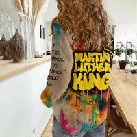 Martin Luther King Graffiti Style Graphic Women Casual Shirt with Colorful Spray Paint Quotes and Crown Detail - Wonder Print Shop