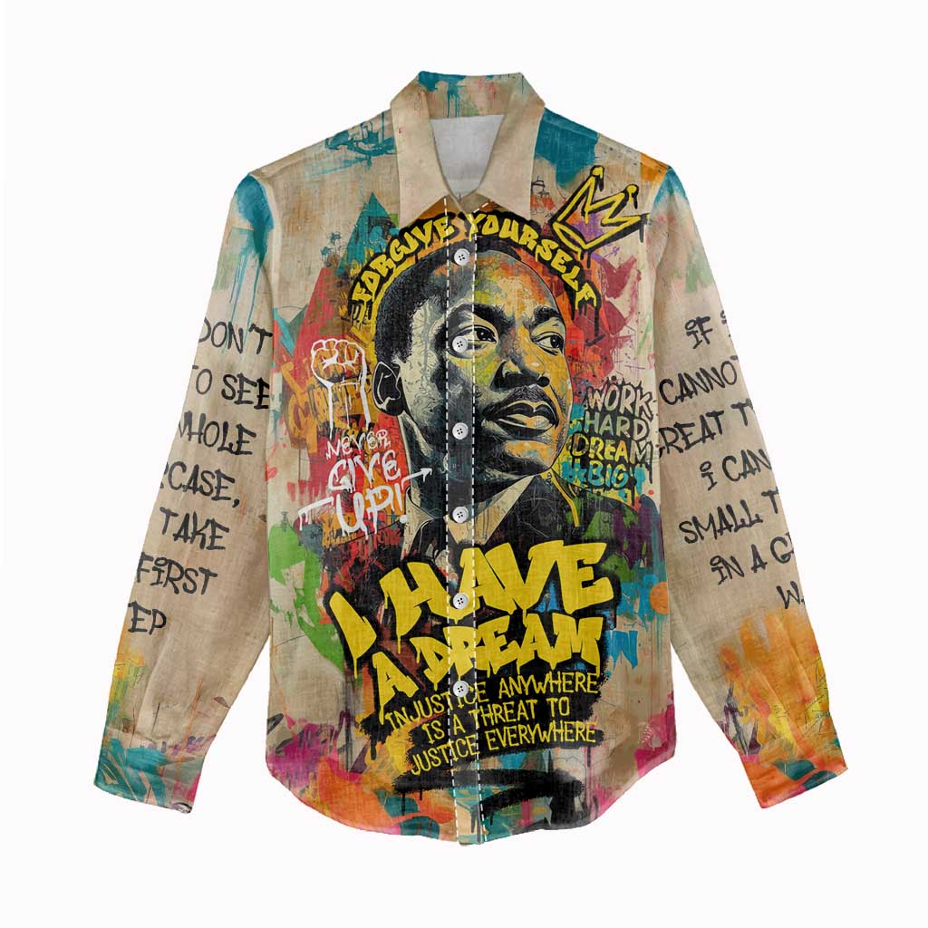 Martin Luther King Graffiti Style Graphic Women Casual Shirt with Colorful Spray Paint Quotes and Crown Detail - Wonder Print Shop