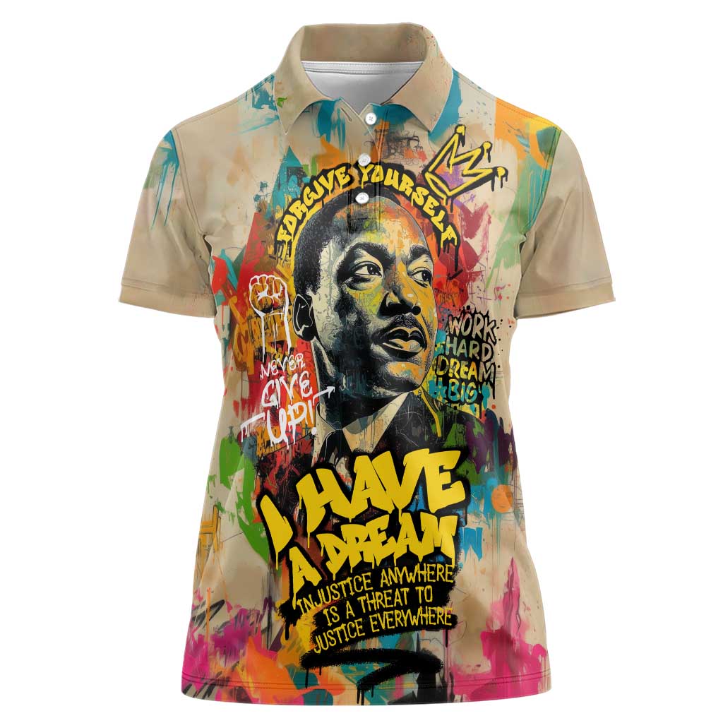 Martin Luther King Graffiti Style Graphic Women Polo Shirt with Colorful Spray Paint Quotes and Crown Detail - Wonder Print Shop