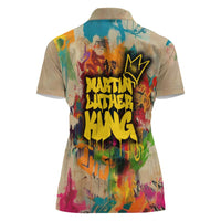 Martin Luther King Graffiti Style Graphic Women Polo Shirt with Colorful Spray Paint Quotes and Crown Detail - Wonder Print Shop