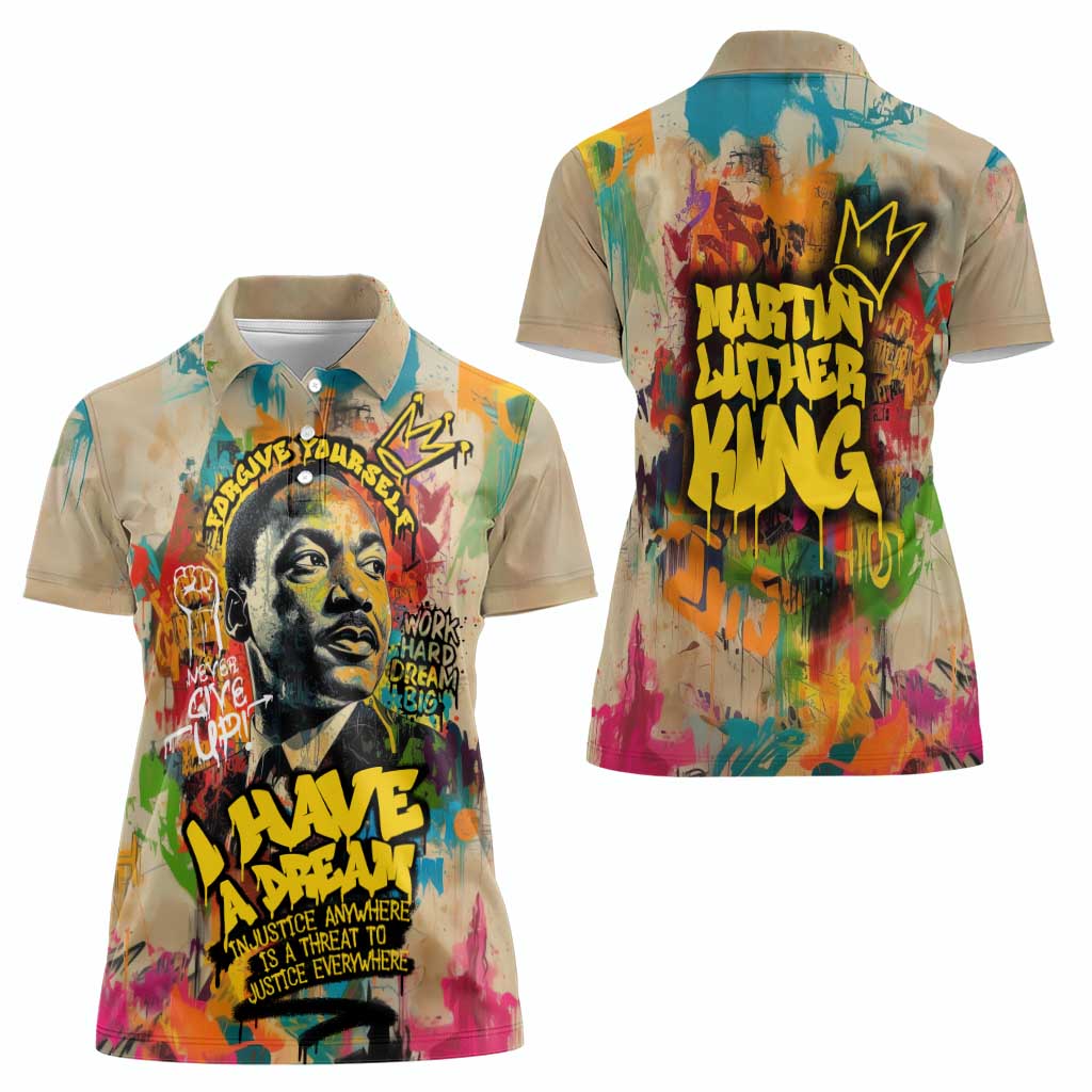 Martin Luther King Graffiti Style Graphic Women Polo Shirt with Colorful Spray Paint Quotes and Crown Detail - Wonder Print Shop