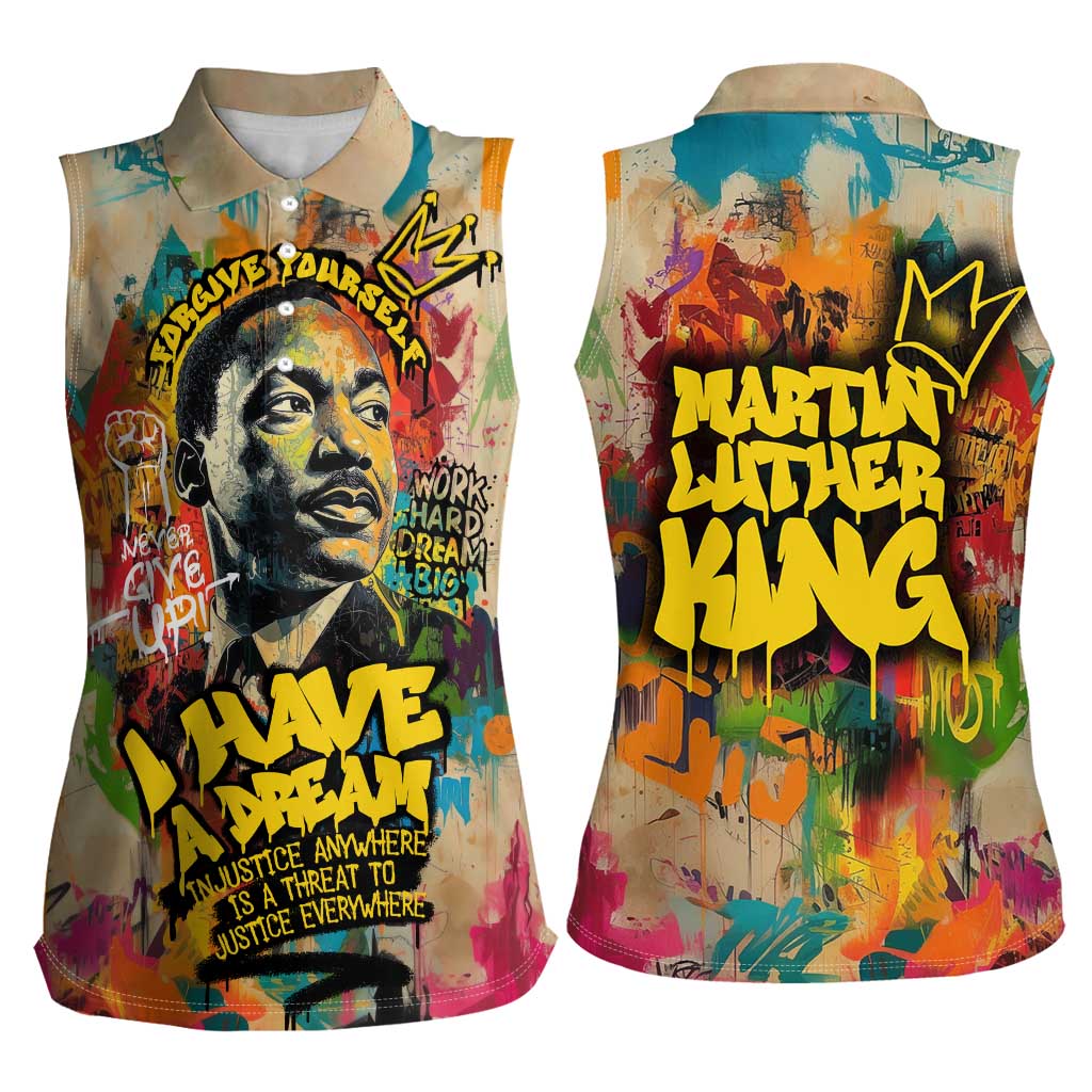 Martin Luther King Graffiti Style Graphic Women Sleeveless Polo Shirt with Colorful Spray Paint Quotes and Crown Detail - Wonder Print Shop