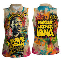 Martin Luther King Graffiti Style Graphic Women Sleeveless Polo Shirt with Colorful Spray Paint Quotes and Crown Detail - Wonder Print Shop
