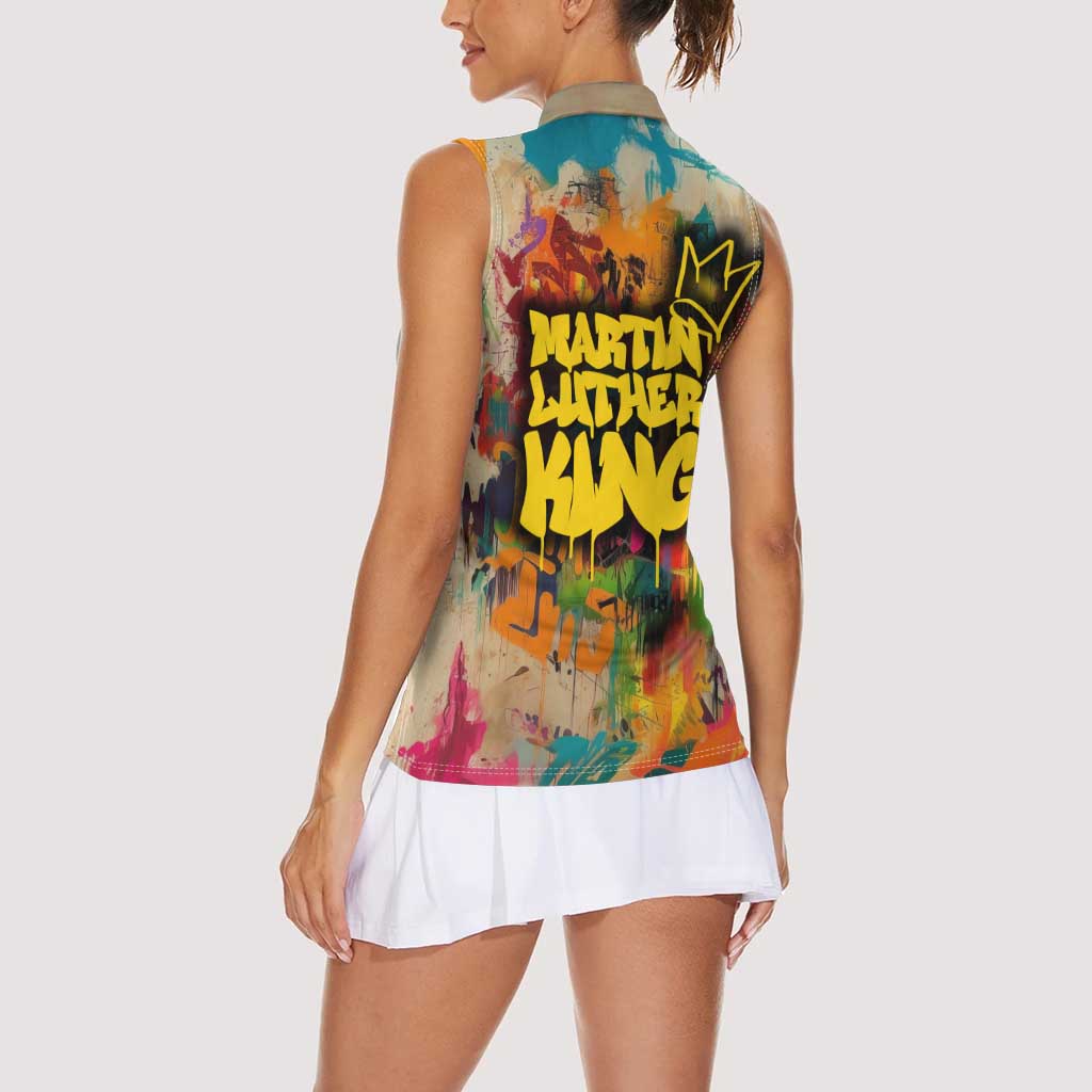 Martin Luther King Graffiti Style Graphic Women Sleeveless Polo Shirt with Colorful Spray Paint Quotes and Crown Detail - Wonder Print Shop