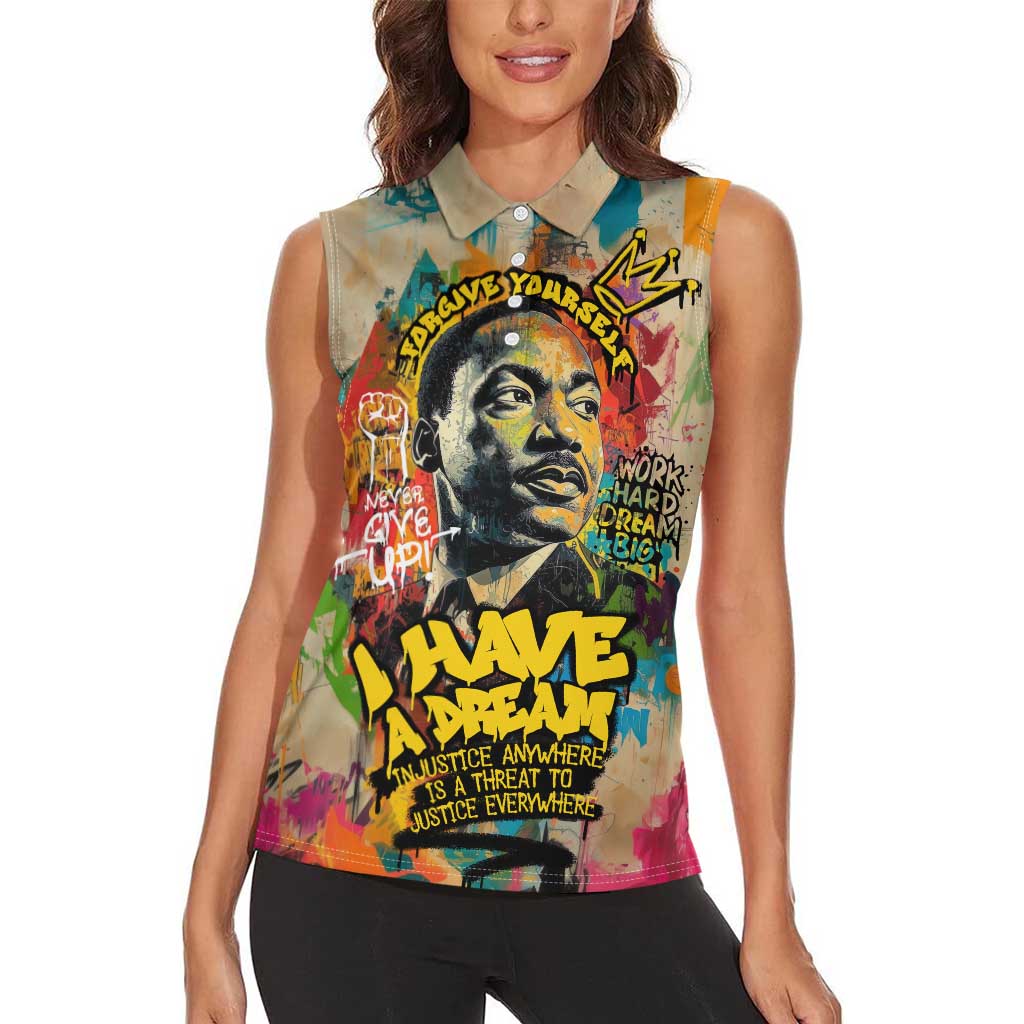 Martin Luther King Graffiti Style Graphic Women Sleeveless Polo Shirt with Colorful Spray Paint Quotes and Crown Detail - Wonder Print Shop