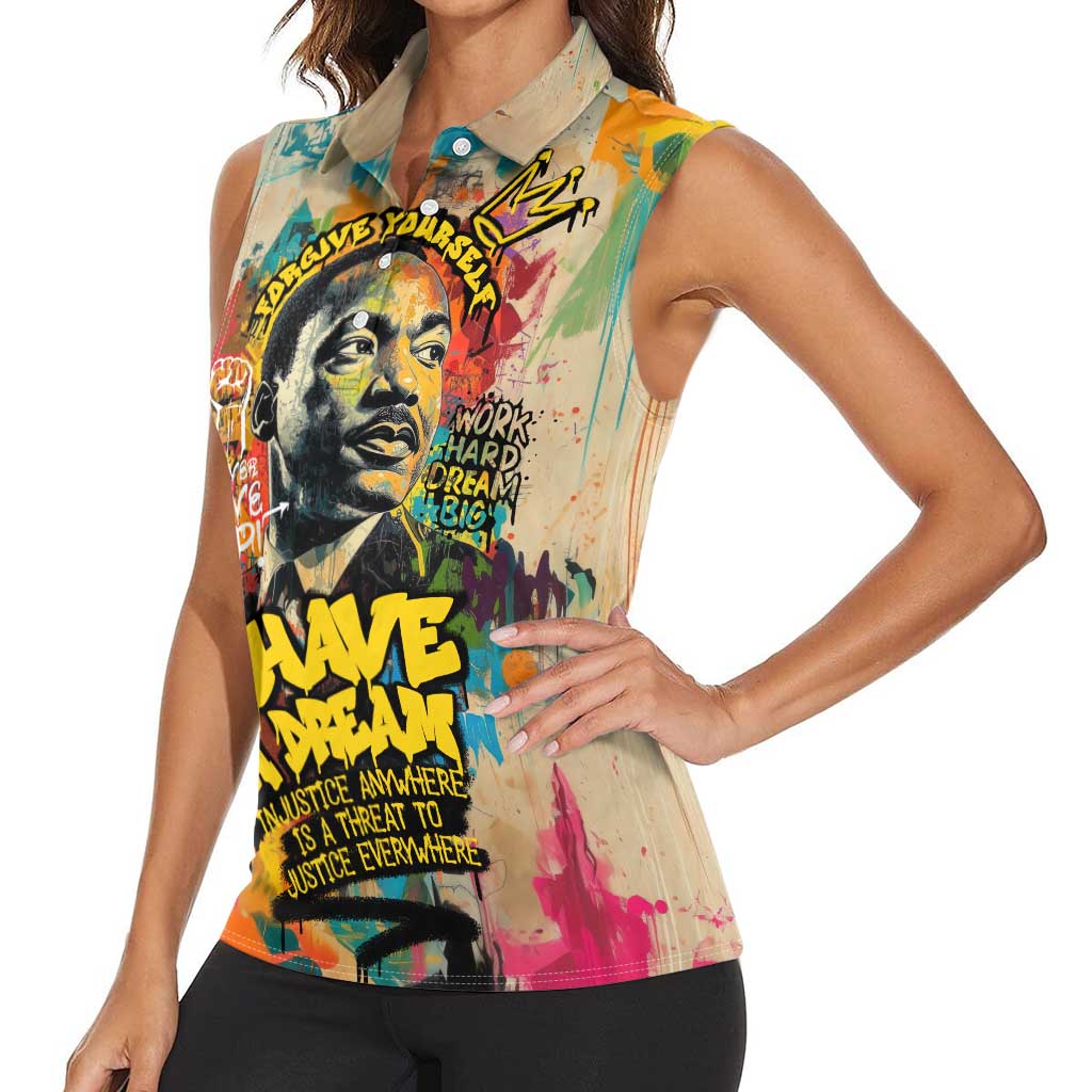 Martin Luther King Graffiti Style Graphic Women Sleeveless Polo Shirt with Colorful Spray Paint Quotes and Crown Detail - Wonder Print Shop