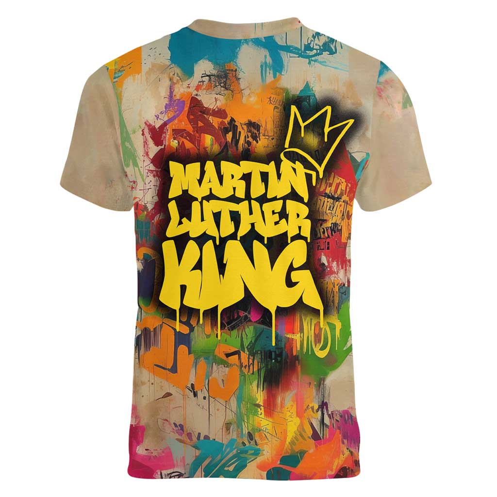 Martin Luther King Graffiti Style Graphic Women V-Neck T-Shirt with Colorful Spray Paint Quotes and Crown Detail - Wonder Print Shop