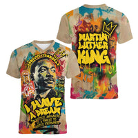 Martin Luther King Graffiti Style Graphic Women V-Neck T-Shirt with Colorful Spray Paint Quotes and Crown Detail - Wonder Print Shop
