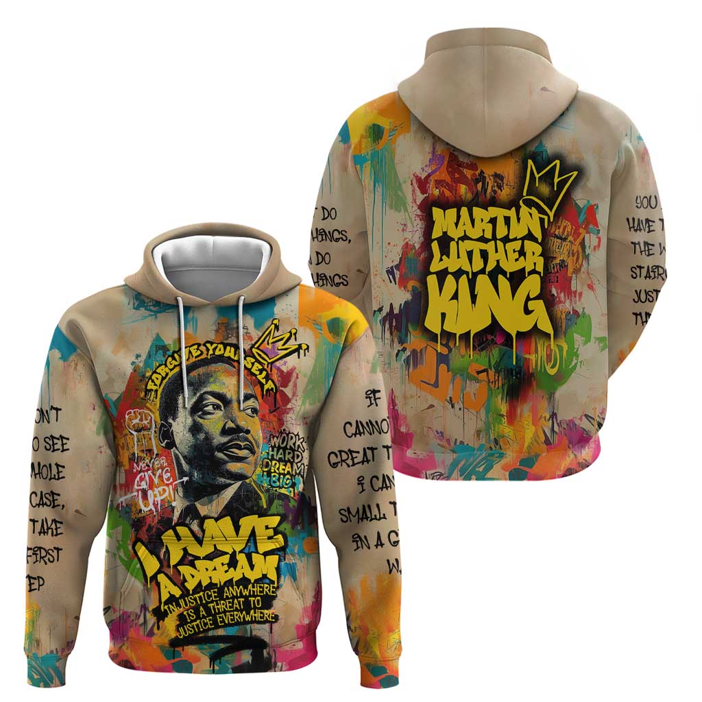 Martin Luther King Graffiti Style Graphic Zip Hoodie with Colorful Spray Paint Quotes and Crown Detail - Wonder Print Shop