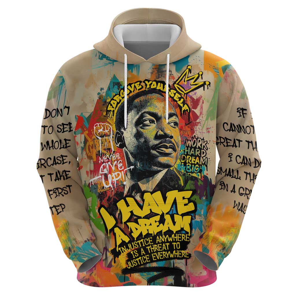 Martin Luther King Graffiti Style Graphic Zip Hoodie with Colorful Spray Paint Quotes and Crown Detail - Wonder Print Shop