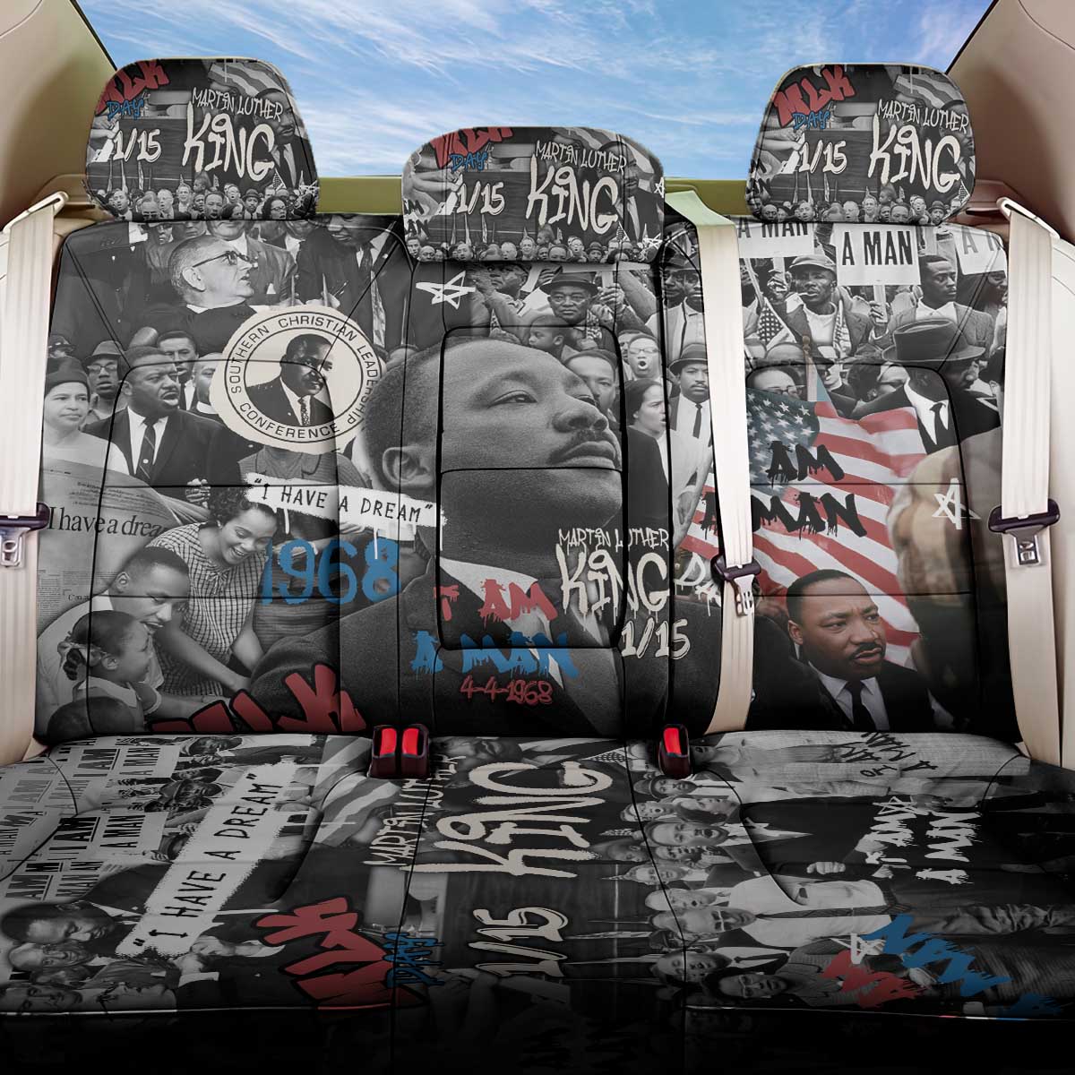 Martin Luther King Day Tribute Back Car Seat Cover Civil Rights Collage and Classic American Street Graffiti Colors - Wonder Print Shop