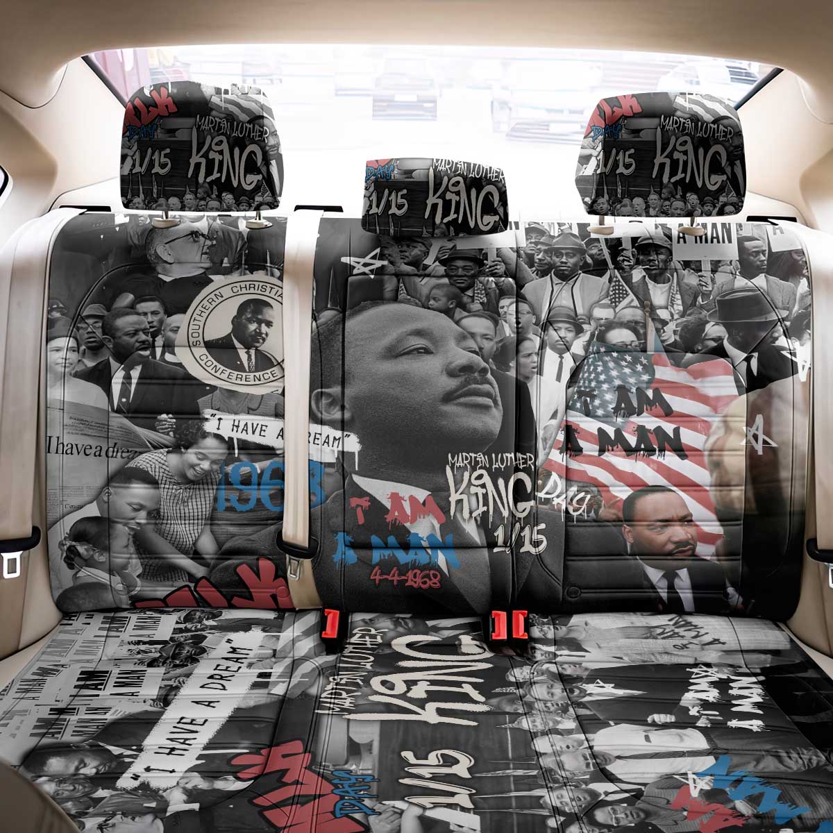 Martin Luther King Day Tribute Back Car Seat Cover Civil Rights Collage and Classic American Street Graffiti Colors - Wonder Print Shop