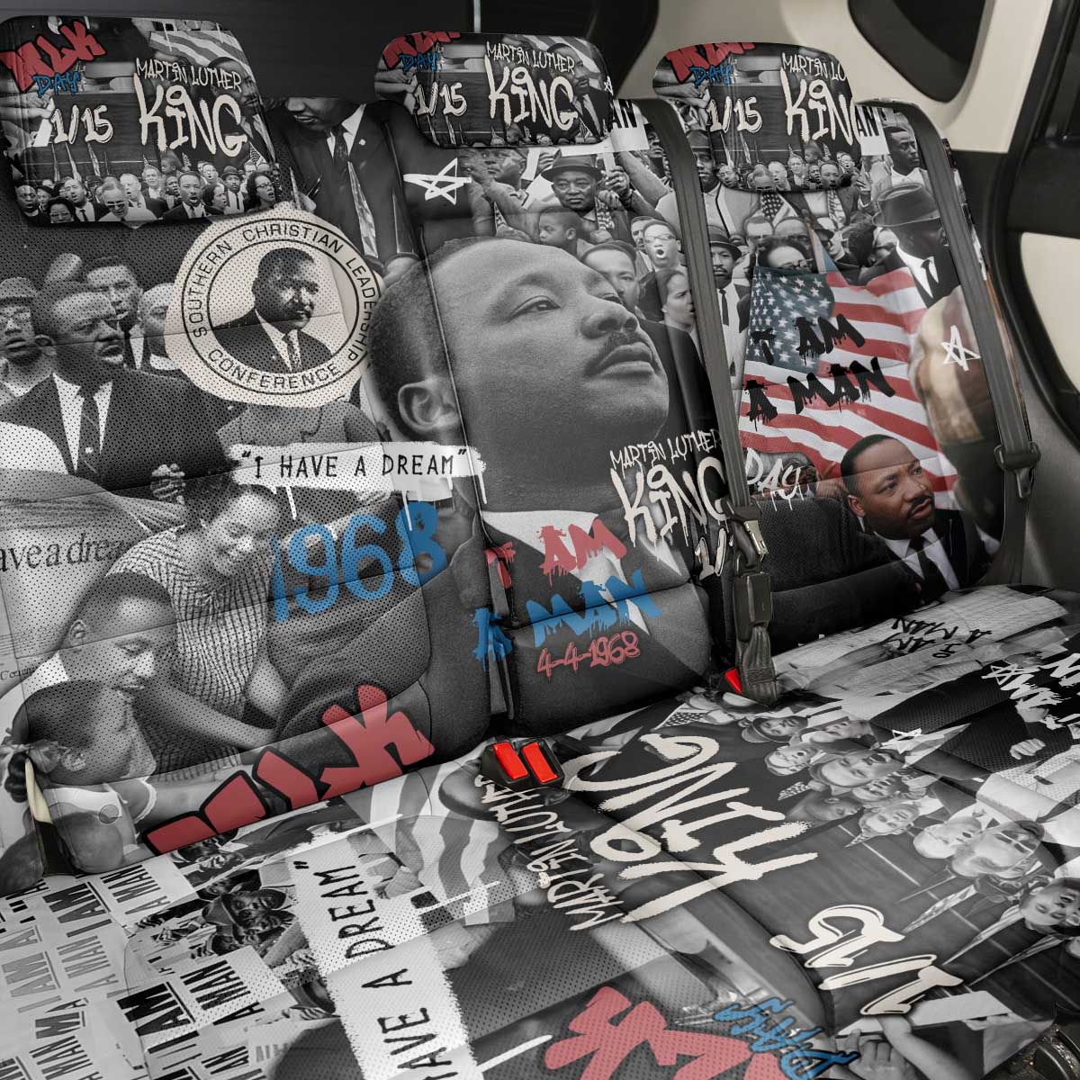 Martin Luther King Day Tribute Back Car Seat Cover Civil Rights Collage and Classic American Street Graffiti Colors - Wonder Print Shop