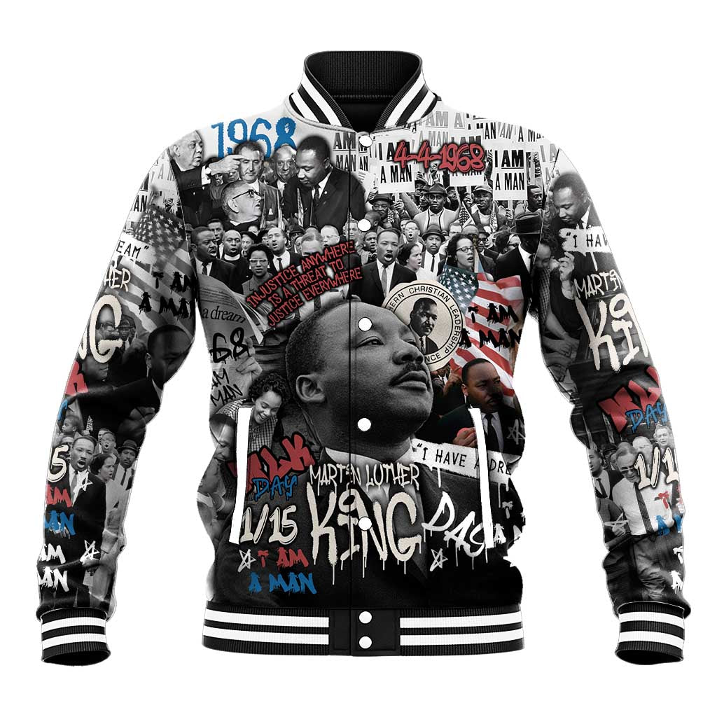 Martin Luther King Day Tribute Baseball Jacket Civil Rights Collage and Classic American Street Graffiti Colors - Wonder Print Shop
