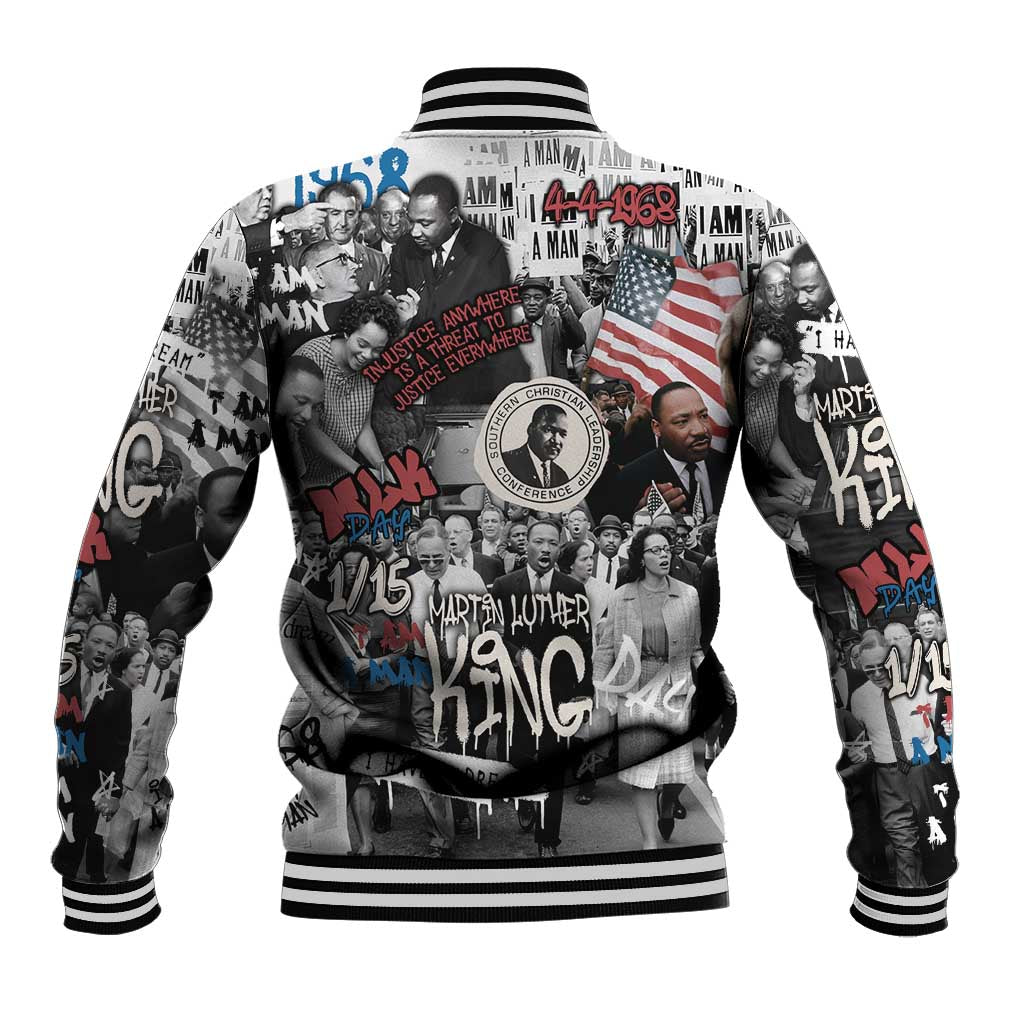 Martin Luther King Day Tribute Baseball Jacket Civil Rights Collage and Classic American Street Graffiti Colors - Wonder Print Shop
