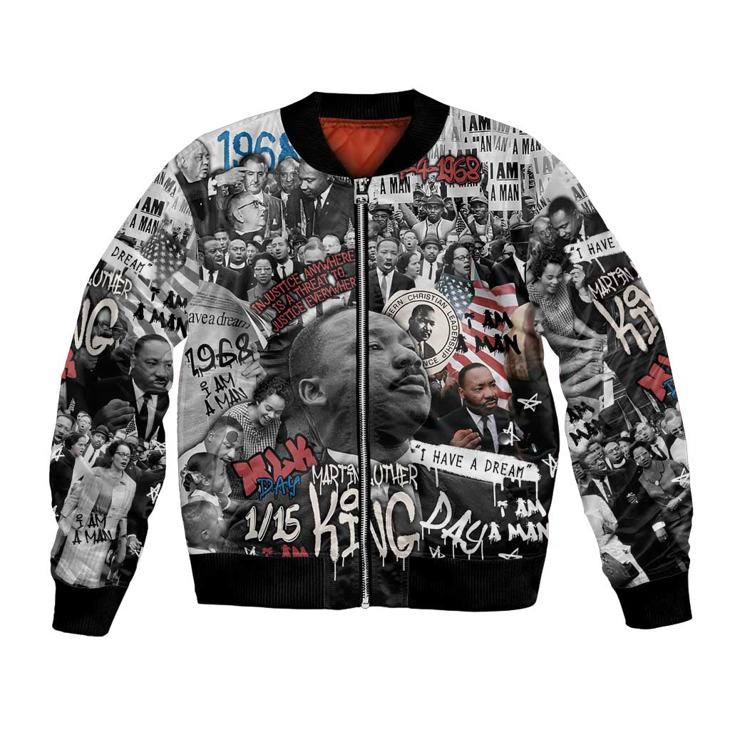Martin Luther King Day Tribute Bomber Jacket Civil Rights Collage and Classic American Street Graffiti Colors - Wonder Print Shop