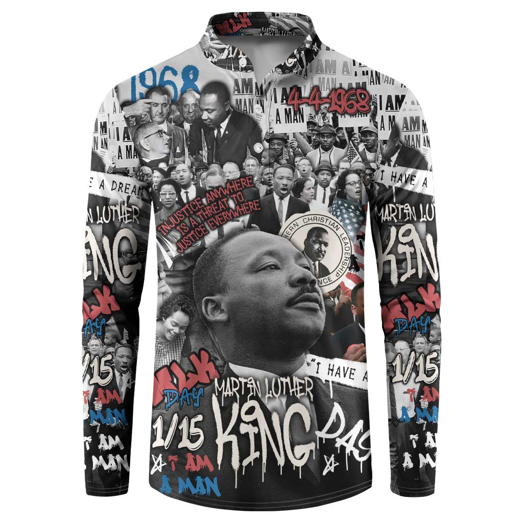 Martin Luther King Day Tribute Button Sweatshirt Civil Rights Collage and Classic American Street Graffiti Colors - Wonder Print Shop
