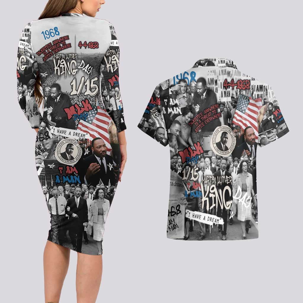 Martin Luther King Day Tribute Couples Matching Long Sleeve Bodycon Dress and Hawaiian Shirt Civil Rights Collage and Classic American Street Graffiti Colors - Wonder Print Shop