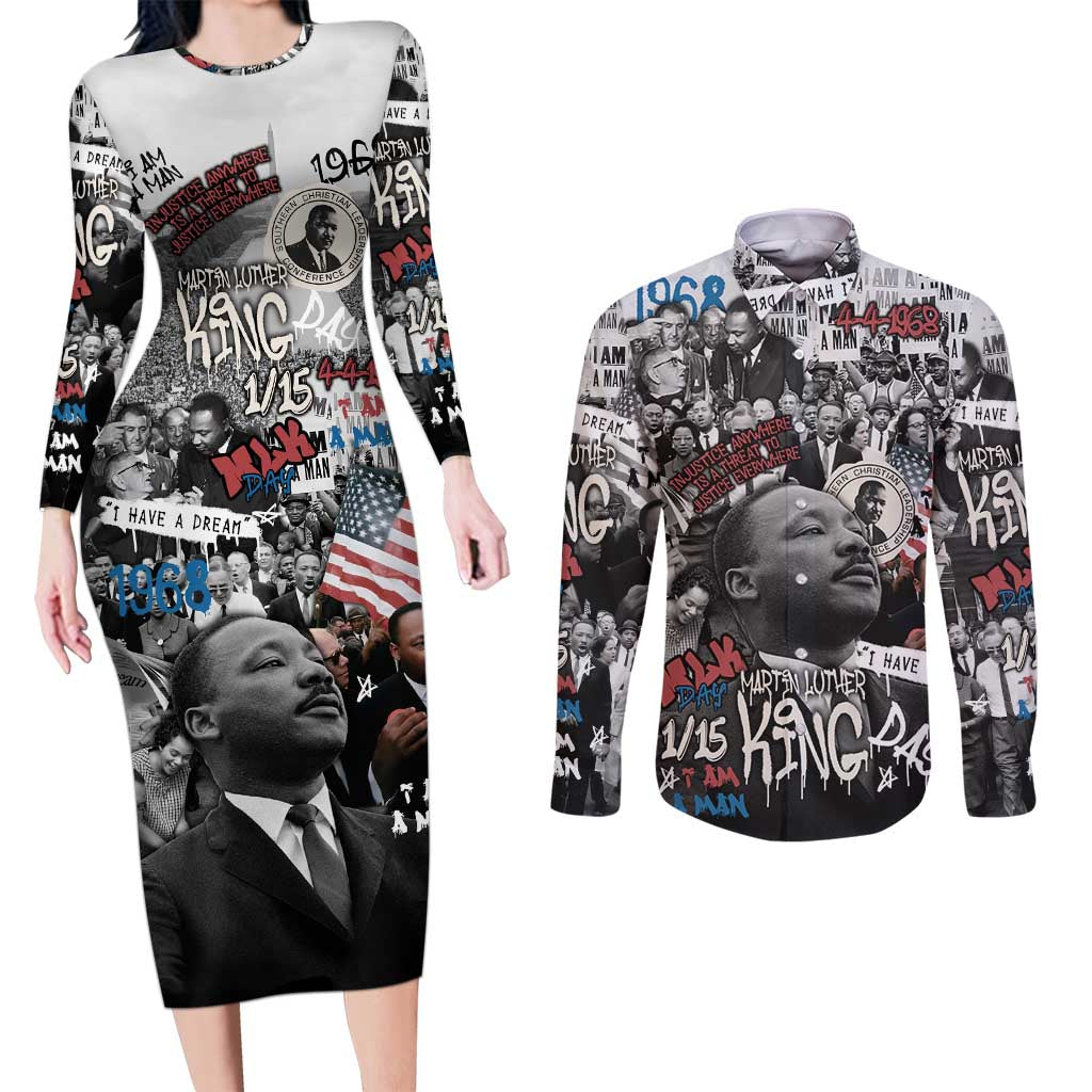 Martin Luther King Day Tribute Couples Matching Long Sleeve Bodycon Dress and Long Sleeve Button Shirt Civil Rights Collage and Classic American Street Graffiti Colors - Wonder Print Shop