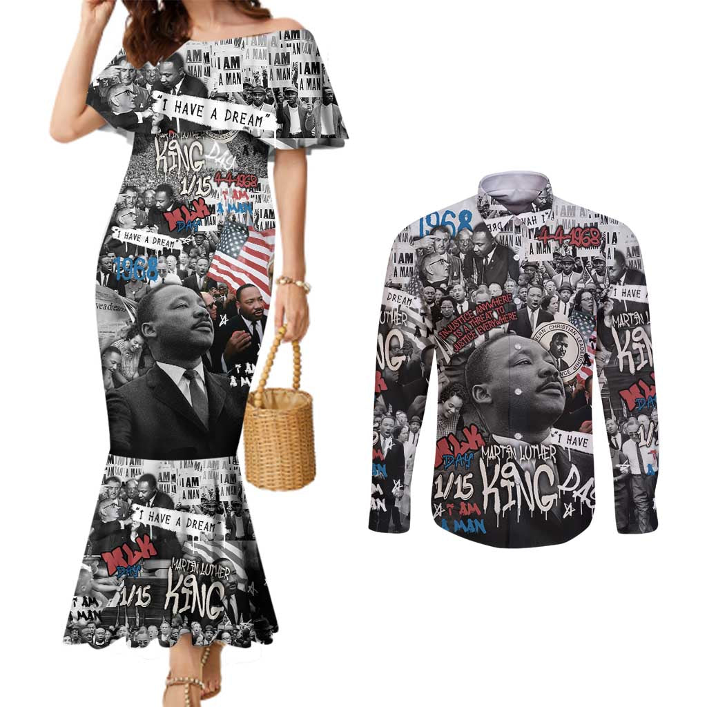 Martin Luther King Day Tribute Couples Matching Mermaid Dress and Long Sleeve Button Shirt Civil Rights Collage and Classic American Street Graffiti Colors - Wonder Print Shop