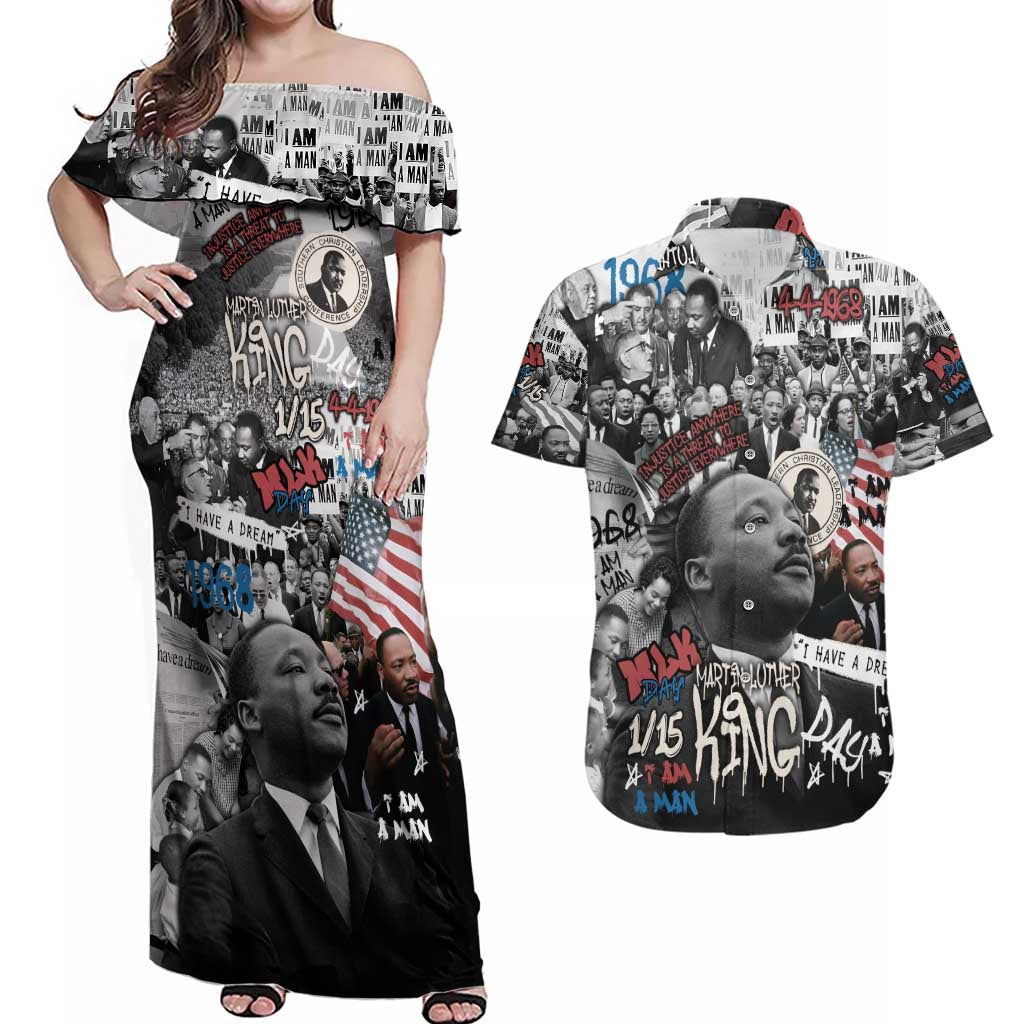 Martin Luther King Day Tribute Couples Matching Off Shoulder Maxi Dress and Hawaiian Shirt Civil Rights Collage and Classic American Street Graffiti Colors - Wonder Print Shop