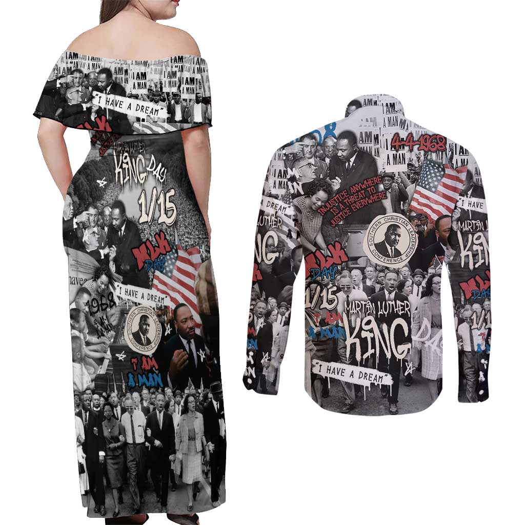 Martin Luther King Day Tribute Couples Matching Off Shoulder Maxi Dress and Long Sleeve Button Shirt Civil Rights Collage and Classic American Street Graffiti Colors - Wonder Print Shop