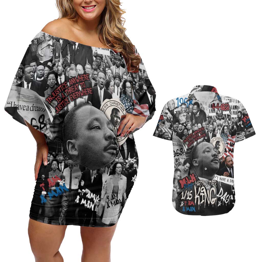Martin Luther King Day Tribute Couples Matching Off Shoulder Short Dress and Hawaiian Shirt Civil Rights Collage and Classic American Street Graffiti Colors - Wonder Print Shop