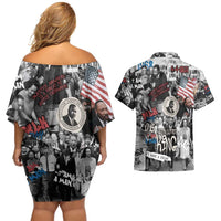 Martin Luther King Day Tribute Couples Matching Off Shoulder Short Dress and Hawaiian Shirt Civil Rights Collage and Classic American Street Graffiti Colors - Wonder Print Shop