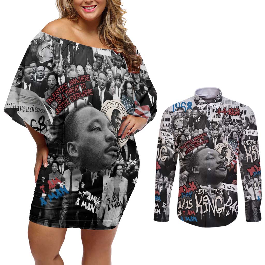 Martin Luther King Day Tribute Couples Matching Off Shoulder Short Dress and Long Sleeve Button Shirt Civil Rights Collage and Classic American Street Graffiti Colors - Wonder Print Shop