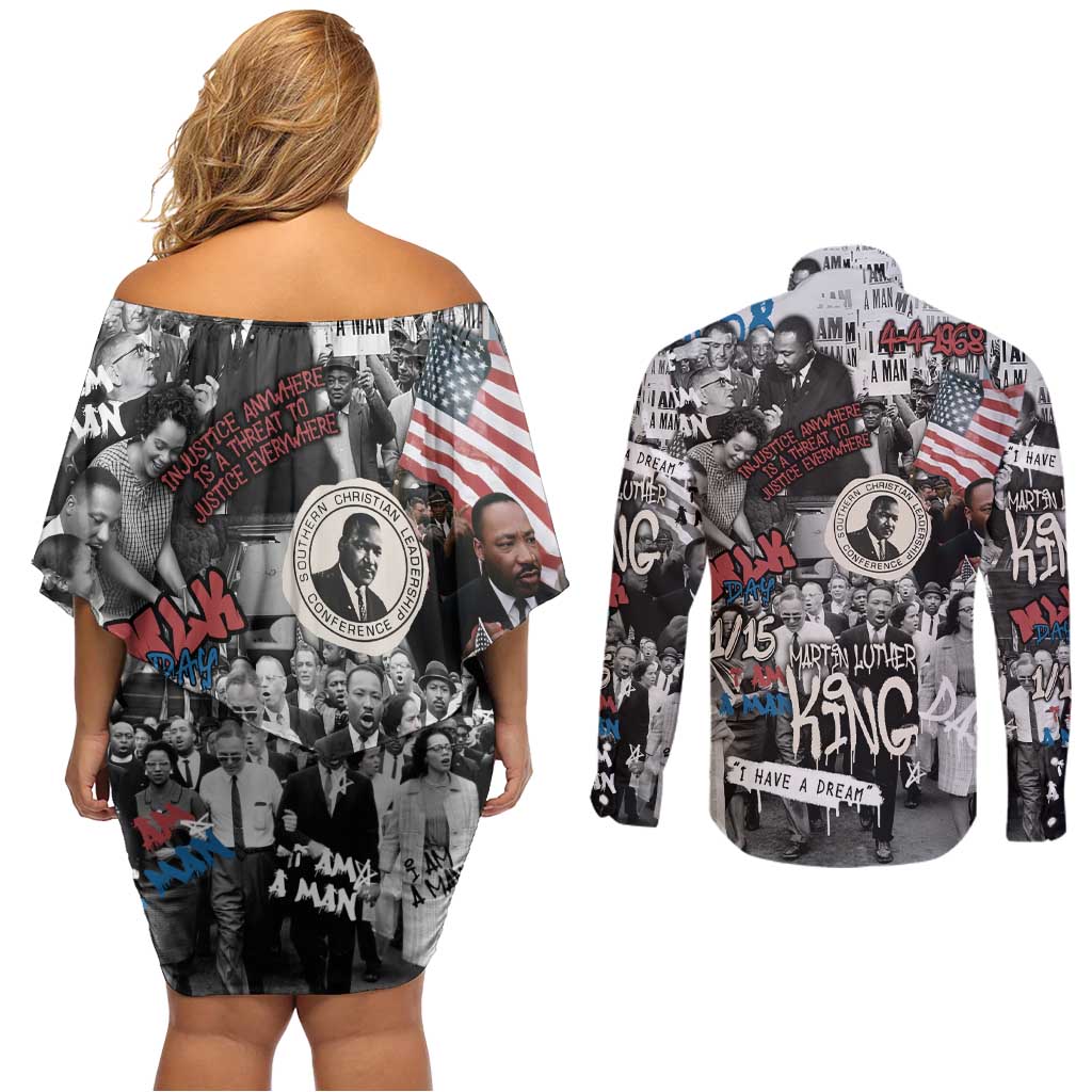 Martin Luther King Day Tribute Couples Matching Off Shoulder Short Dress and Long Sleeve Button Shirt Civil Rights Collage and Classic American Street Graffiti Colors - Wonder Print Shop