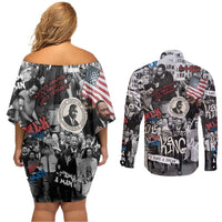 Martin Luther King Day Tribute Couples Matching Off Shoulder Short Dress and Long Sleeve Button Shirt Civil Rights Collage and Classic American Street Graffiti Colors - Wonder Print Shop