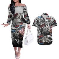 Martin Luther King Day Tribute Couples Matching Off The Shoulder Long Sleeve Dress and Hawaiian Shirt Civil Rights Collage and Classic American Street Graffiti Colors - Wonder Print Shop