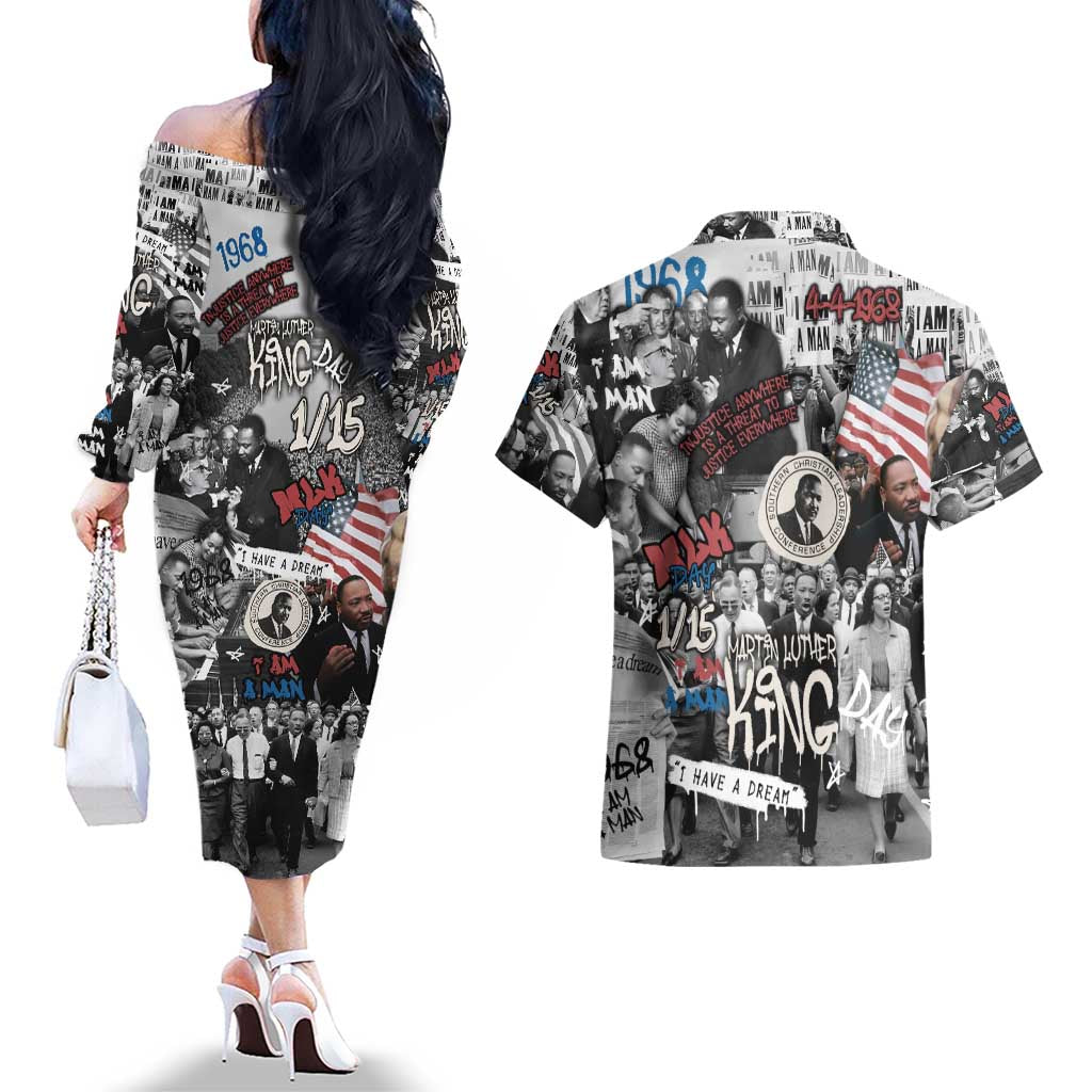Martin Luther King Day Tribute Couples Matching Off The Shoulder Long Sleeve Dress and Hawaiian Shirt Civil Rights Collage and Classic American Street Graffiti Colors - Wonder Print Shop