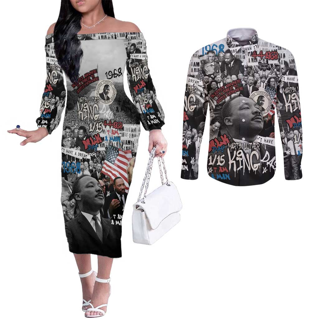 Martin Luther King Day Tribute Couples Matching Off The Shoulder Long Sleeve Dress and Long Sleeve Button Shirt Civil Rights Collage and Classic American Street Graffiti Colors - Wonder Print Shop
