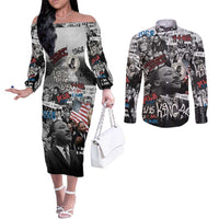 Martin Luther King Day Tribute Couples Matching Off The Shoulder Long Sleeve Dress and Long Sleeve Button Shirt Civil Rights Collage and Classic American Street Graffiti Colors - Wonder Print Shop