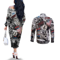 Martin Luther King Day Tribute Couples Matching Off The Shoulder Long Sleeve Dress and Long Sleeve Button Shirt Civil Rights Collage and Classic American Street Graffiti Colors - Wonder Print Shop
